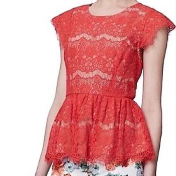 (BOGO FREE) ANTHROPOLOGIE Maeve Katrine Lace Peplum Top Size Red/Orange Small - Picture 1 of 3
